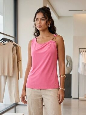Nine West Pink Drape-Neck Tank with Gold Ring Detail